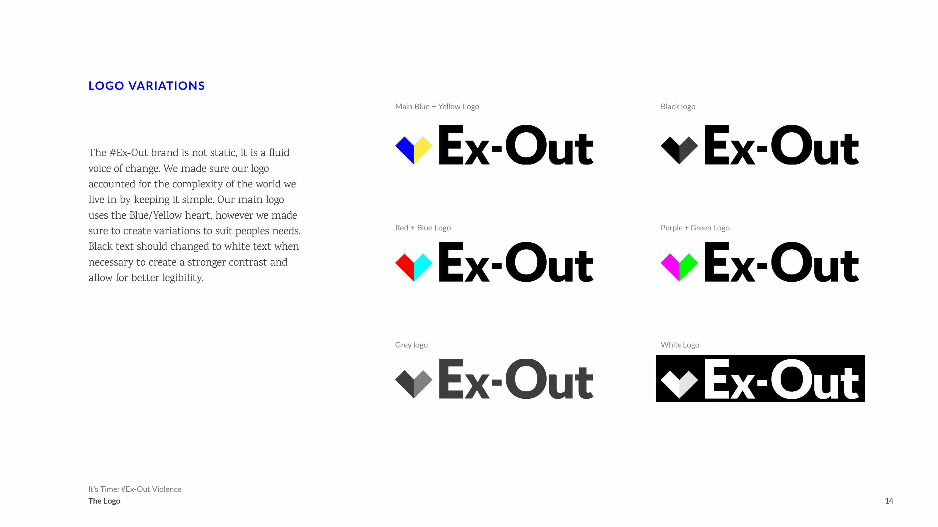 Ex-Out Brand Guide Page 14. Please download the PDF for an accessible read.