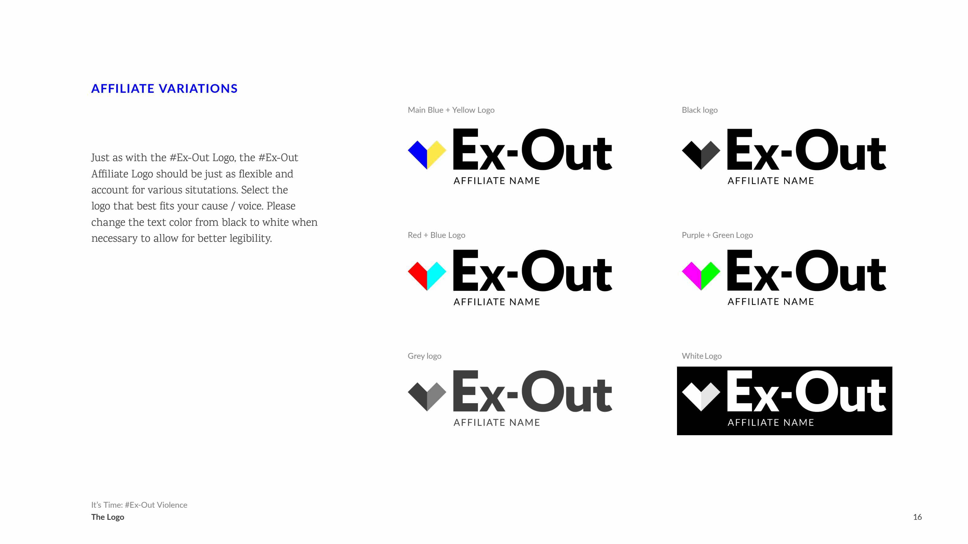 Ex-Out Brand Guide Page 16. Please download the PDF for an accessible read.